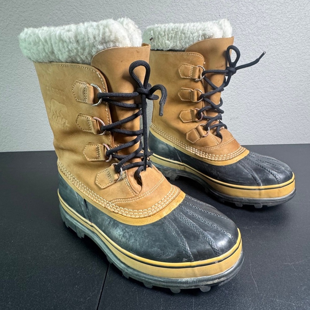 Sorel Caribou Mens Waterproof Winter Snow Pac Boots Buff Black Leather Rubber 10